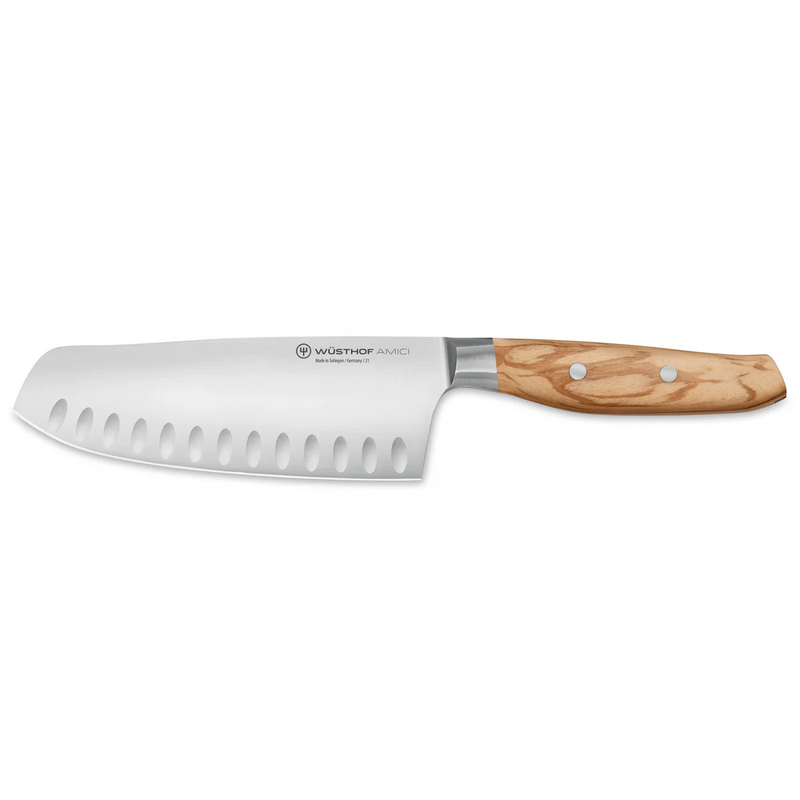 Wusthof | Villa 6-Piece Knife Block Set featuring a stainless-steel granton santoku knife with a light wood handle, showcasing the Amici line's distinctive craftsmanship.