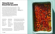 Penguin Random House LLC - Shabbat cookbook spread featuring Tomato Jam Roasted Salmon recipe, with a photo of the finished salmon dish in a roasting pan.