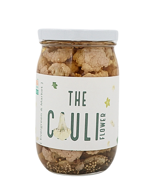 PICKLES by Evergreen and Market - The Cauliflower: A glass jar of pickled cauliflower florets in brine, ideal for enhancing dishes with vibrant flavors.