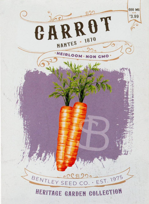 Bentley Seed Co. - Carrot-Nantes 1870 seed packet, featuring two illustrated carrots, priced at $3.99 for 600 mg. Ideal for container gardening.