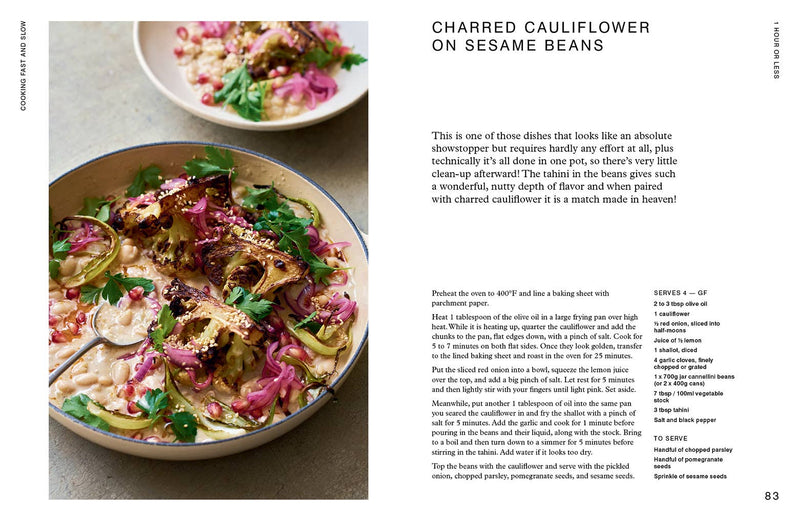 Cookbook spread for 'Cooking Fast And Slow' by Penguin Random House LLC, featuring a charred cauliflower and sesame beans recipe with ingredients and cooking instructions.