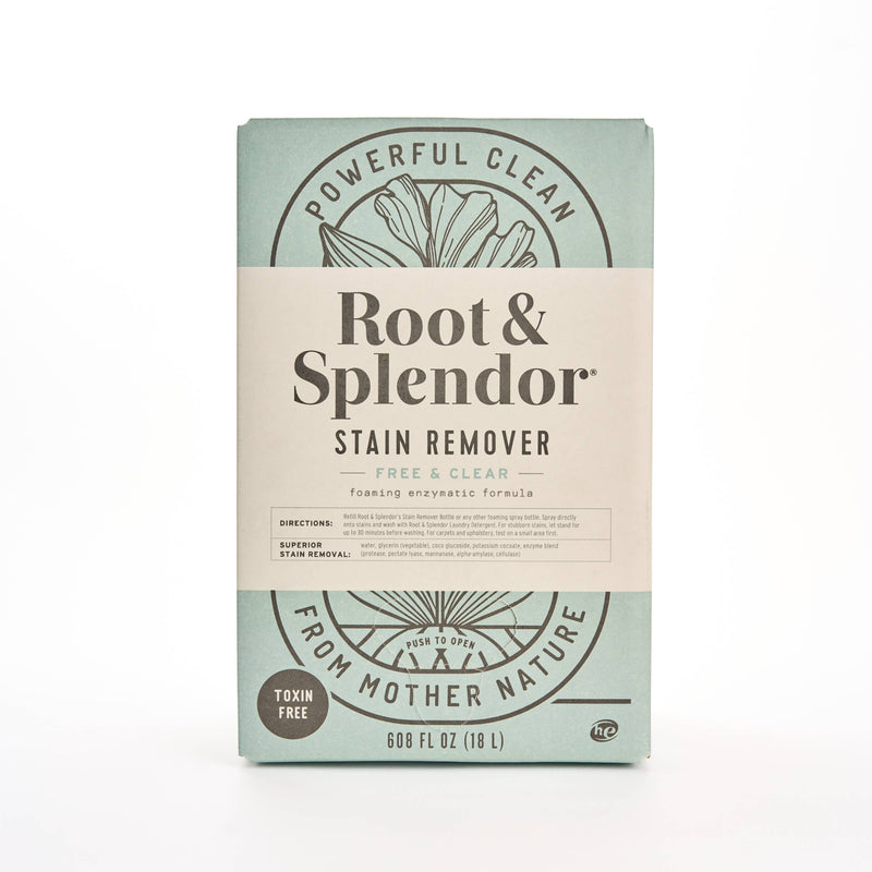 Root and Splendor - Bulk Stain Remover: 18 L, foaming enzymatic formula, toxin-free, sustainable packaging. Perfect for eco-friendly stain removal in kitchens or laundry.