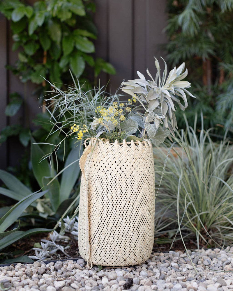 NEEPA HUT - Hanging Storage basket, crafted from bamboo/rattan, features indigenous zig-zag patterns, ideal for carrying or decorating with yoga mats, produce, or home items.