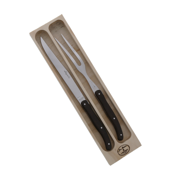 Jean Dubost Carving Set in Wenge Wood, featuring a carving knife and meat fork with Wenge wood handles, presented in a wooden tray.