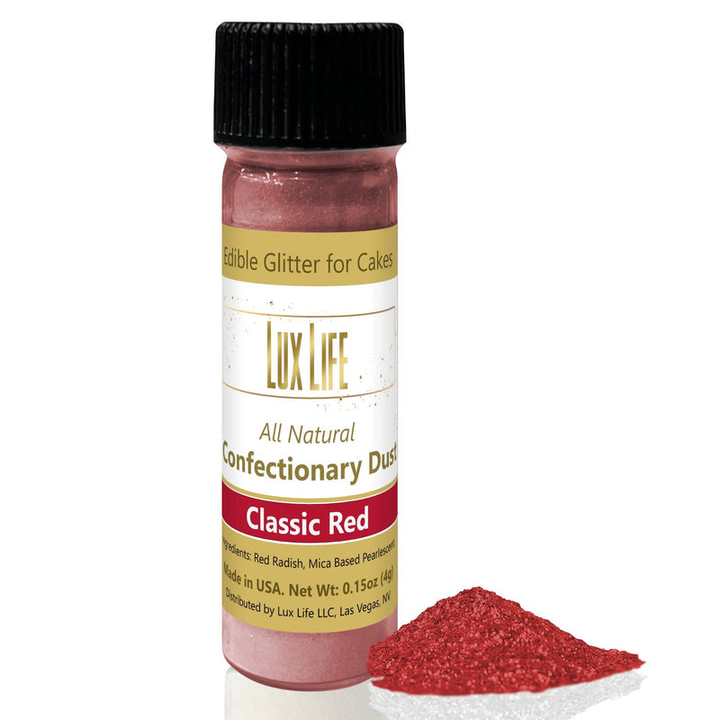 Lux Life Natural Edible Luster Dust: Super Gold in a stylish white and gold can, perfect for adding shimmer to culinary creations.