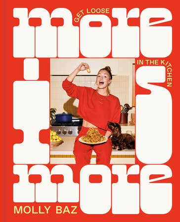 Chef Molly Baz joyfully presenting pasta on the cover of Penguin Random House LLC - More Is More, a cookbook promoting bold, intuitive cooking techniques.