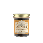 FOND Chicken Demi-Glace in a small jar with gold lid and beige label, featuring regenerative chicken and organic herbs, ideal for enhancing culinary dishes.