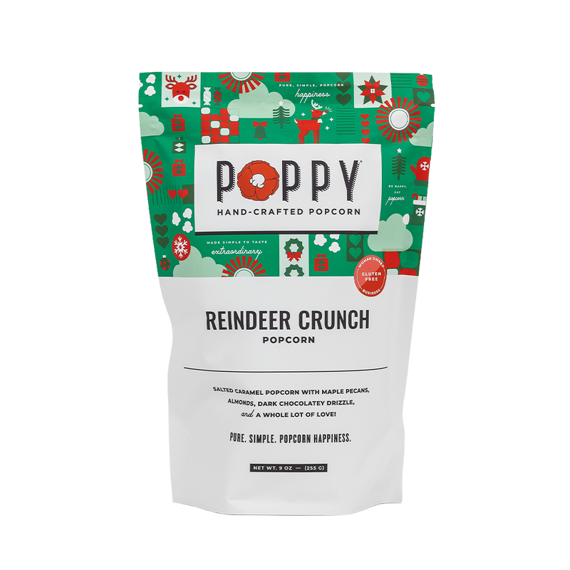 Poppy Hand-Crafted Popcorn - Reindeer Crunch Popcorn, a festive salted-caramel blend with maple-glazed pecans, almonds, and chocolate drizzle, gluten-free, woman-owned. Perfect for gifting.