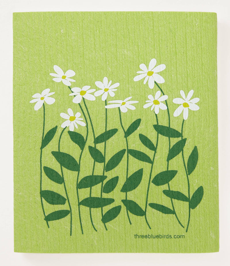 Three Bluebirds Swedish Dishcloths - Daisies on Green: white flowers and green leaves design, eco-friendly, replaces paper towels, biodegradable, perfect for sustainable kitchen use.
