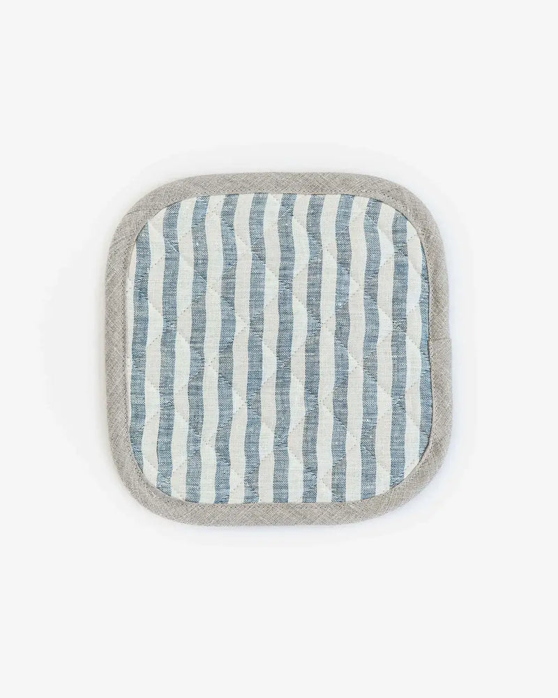 MagicLinen - Linen pot-holder in Striped in Blue, featuring a quilted design with heat-insulating padding, perfect for protecting hands in the kitchen.