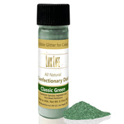 Lux Life Natural Edible Luster Dust: Super Gold bottle with label, black cap, and pile of green powder, ideal for enhancing culinary creations.