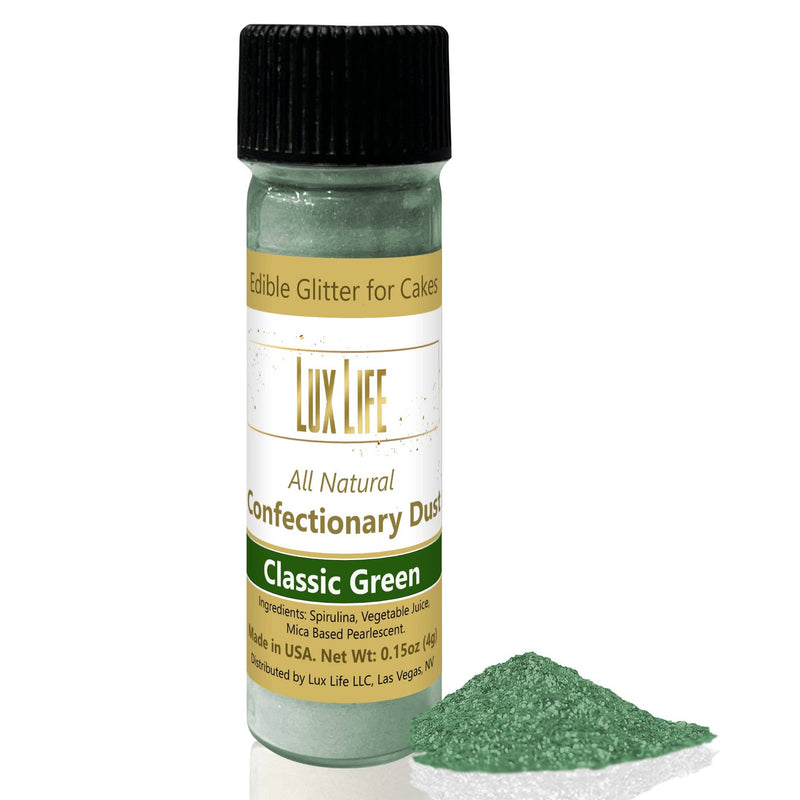 Lux Life Natural Edible Luster Dust: Super Gold bottle with label, black cap, and pile of green powder, ideal for enhancing culinary creations.