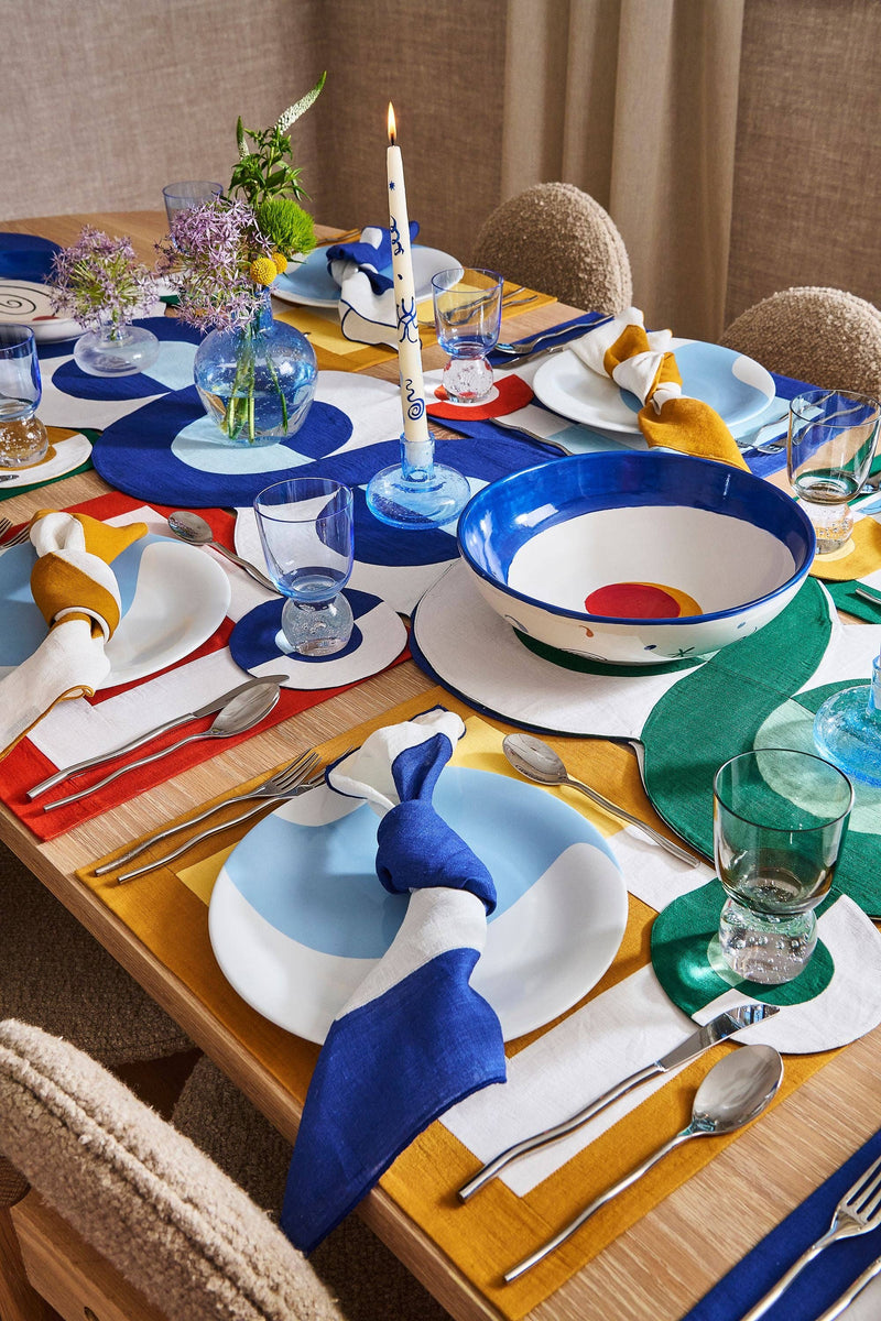 Misette | Bauhaus Embroidered Linen Napkins in Blue (Set of 4): Blue / 1 Set