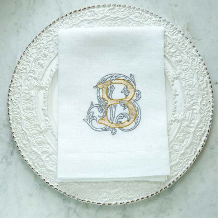 Crown Linen Designs | Vintage Vine Monogram Tri-Fold Napkin.