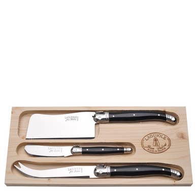 Laguiole by Jean Dubost | 3pc Cheese Set in Black displayed in an elegant wooden box, featuring a cheese knife, cleaver, and spreader with classic black handles.