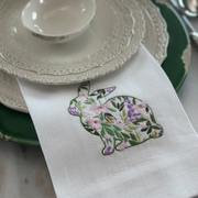 Garden Bunny Linen Towel featuring an embroidered floral toile bunny design, ideal as a festive kitchen decor or hostess gift for Easter celebrations.