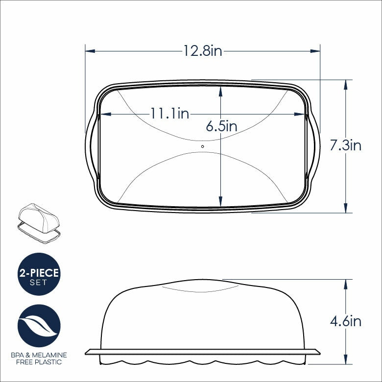Nordic Ware | Loaf Cake Keeper: A diagram illustrating a rectangular cake tray designed for storing and serving quick bread loaves, with a secure, snapping cover.