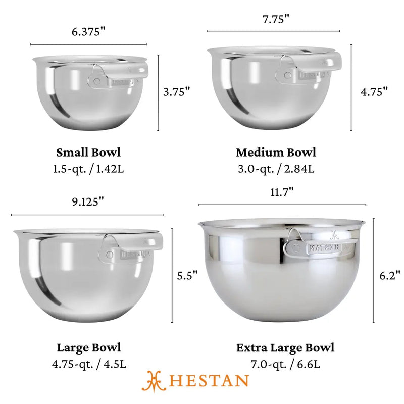 Hestan Provisions | 4pc Stainless Steel Mixing Bowl Set: four polished bowls, sizes from 1.5 qt to 7.0 qt, with flared rims for easy pouring.