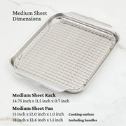 Hestan Provisions OvenBond Tri-Ply Bakeware Medium Sheet Pan with Rack, stainless steel, featuring wide handles and a wire rack, ideal for baking and roasting.