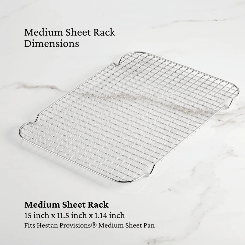 Hestan Provisions | OvenBond Tri-Ply Bakeware, Medium Rack Only, a stainless-steel cooling rack designed to fit medium sheet pans, dimensions: 15x11.5x1.14, enhances air circulation.