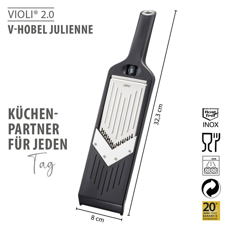 GEFU Violi 2.0 Adjustable Mandoline, sleek black and silver design, ideal for precision slicing in culinary tasks.