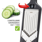 GEFU | Violi 2.0 Adjustable Mandoline slicing cucumber with precision, featuring measurement guide and ergonomic design for efficient vegetable preparation.