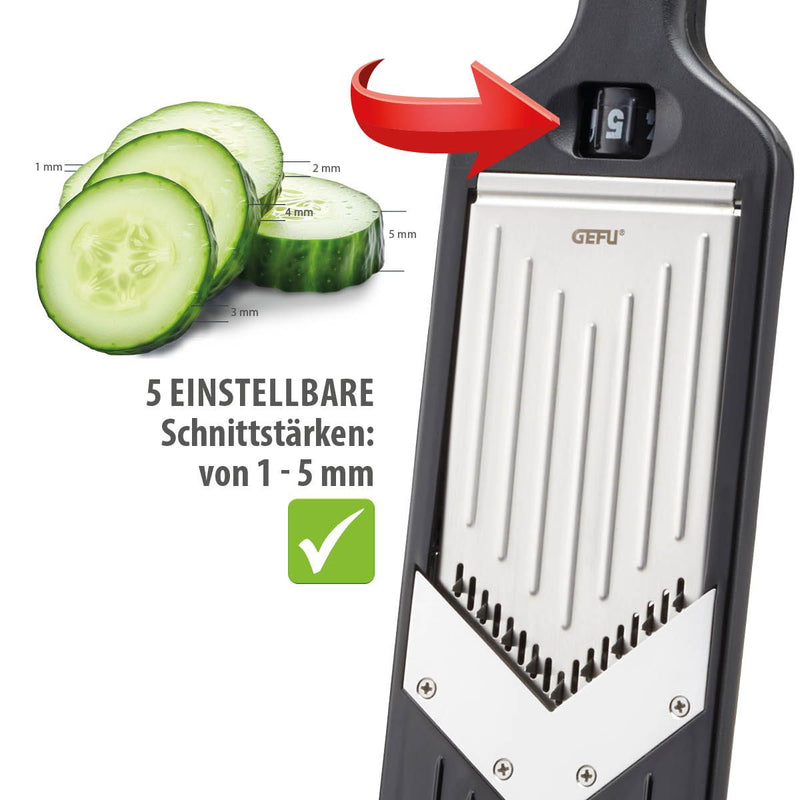 GEFU | Violi 2.0 Adjustable Mandoline slicing cucumber with precision, featuring measurement guide and ergonomic design for efficient vegetable preparation.