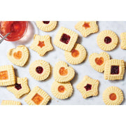 Assorted jam-filled cookies made with the HIC - Harold Import Co. - King Arthur Thumbprint Cookie Cutters 4-Piece Set, featuring heart, star, square, and round shapes.