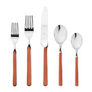 Mepra SPA - PLACE SET 5 PCS FANTASIA RUST: Stainless steel silverware with welded orange handles, featuring durable double-serrated knives.