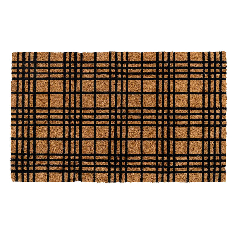 Entryways | Fine Plaid Doormat, 24 x 60, features a black plaid pattern on durable coir, ideal for keeping kitchen floors clean.