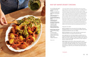 Two-page spread from Penguin Random House LLC - Wishbone Kitchen Cookbook, featuring “NOT MY MOM’S ROAST CHICKEN” recipe with vibrant roast chicken and vegetables.