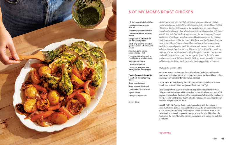 Two-page spread from Penguin Random House LLC - Wishbone Kitchen Cookbook, featuring “NOT MY MOM’S ROAST CHICKEN” recipe with vibrant roast chicken and vegetables.