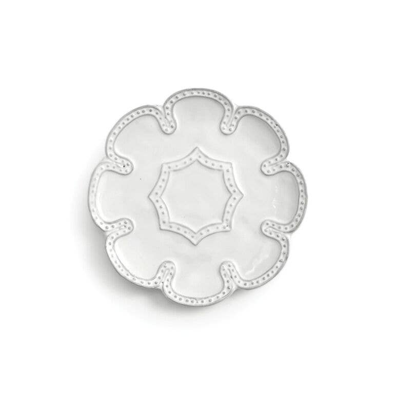 Bella Bianca Beaded Lace Bread/Canapé Plate, 6-inch Italian stoneware, features intricate patterns, ideal for bread or sweets, durable and handmade in Tuscany.