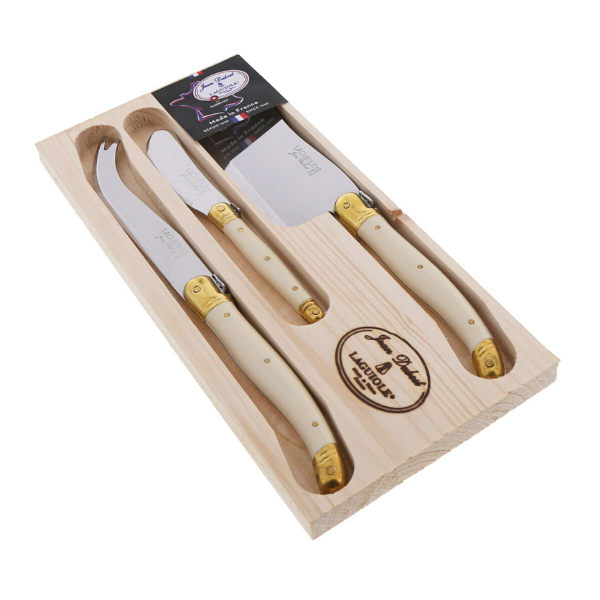 The French Farm | Jean Dubost 3 Piece Cheese Set in Ivory and Brass w/ Cleaver