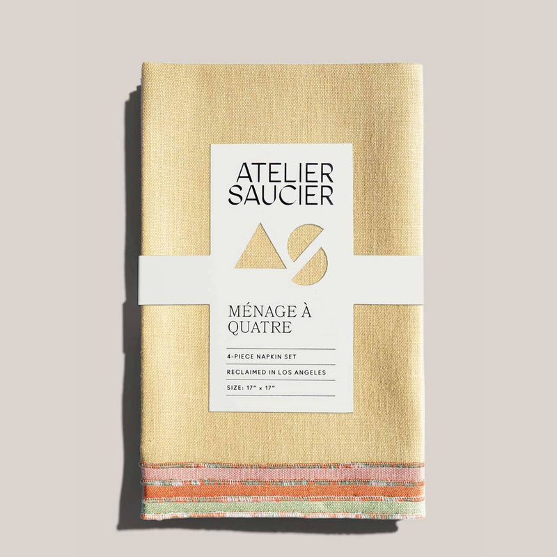 ATELIER SAUCIER - The Santa Fe Linen Napkins set of 4, featuring a folded design with a visible white label. Made from 100% premium reclaimed fabric.