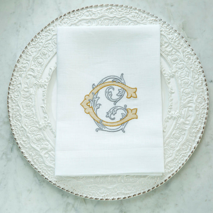 Crown Linen Designs | Vintage Vine Monogram Tri-Fold Napkin.