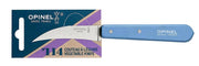 Opinel Essential Birdsbeak Vegetable Knife - Pink in packaging, features a curved stainless-steel blade and sky-blue handle, ideal for precise fruit and vegetable preparation.