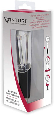 Vinturi On-Bottle Wine Aerator with black handle, designed for rapid wine aeration, enhancing flavors and aromas, suitable for quick wine serving.