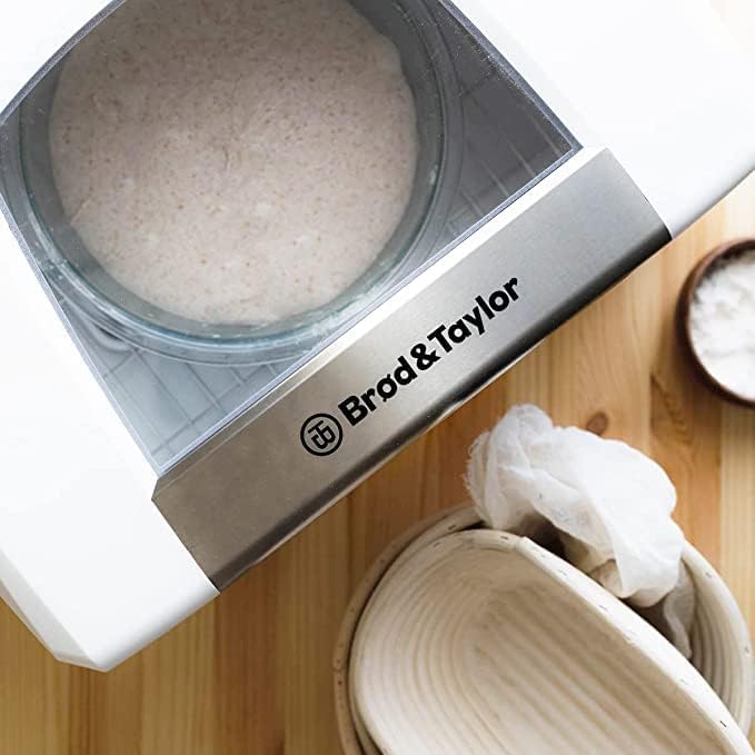 Brod & Taylor FP-125 Folding Proofer & Slow Cooker with Accessory Shelf, displayed with a clear container and bowl of salt, ideal for versatile kitchen use.