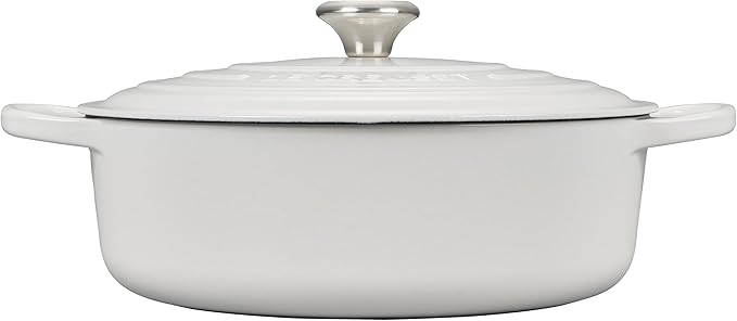 Le Creuset | Signature Round Wide Oven - White, enameled cast-iron pot with lid and handles, ideal for versatile cooking like braising, roasting, or stewing.