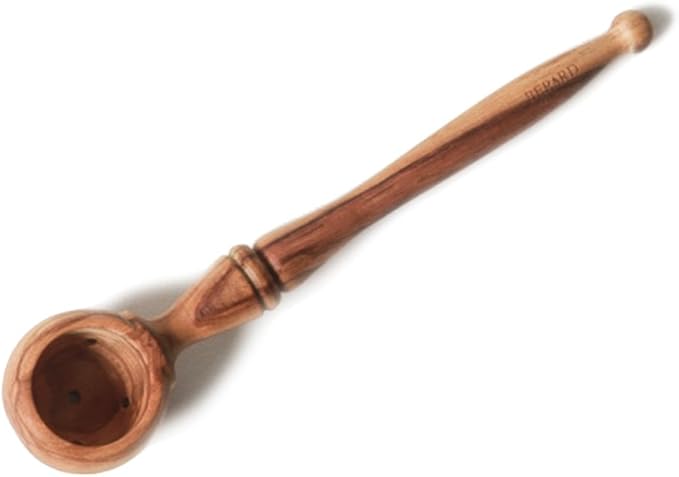 Berard Olivewood Olive Spoon with a long handle and round scoop, featuring draining holes, handcrafted from olive wood for serving olives effortlessly.