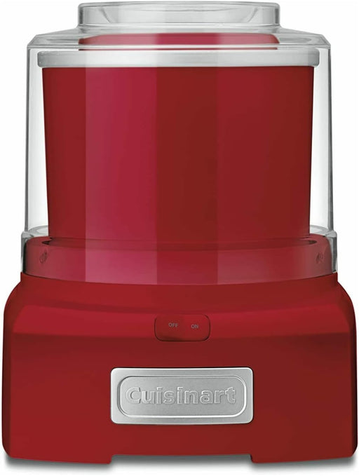 Cuisinart Frozen Yogurt – Ice Cream & Sorbet Maker, red, with a clear lid, ideal for making frozen treats easily in under 20 minutes.