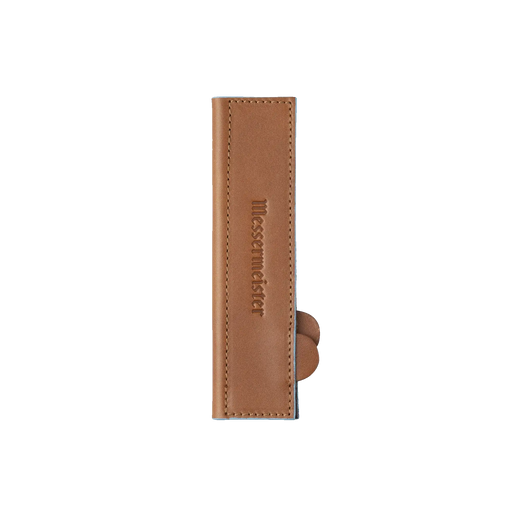 Messermeister - Leather Magnetic Edge-Guard - 6.5: Brown, a sleek leather sheath with magnetic closure, designed to protect kitchen knives, shown with embossed branding.