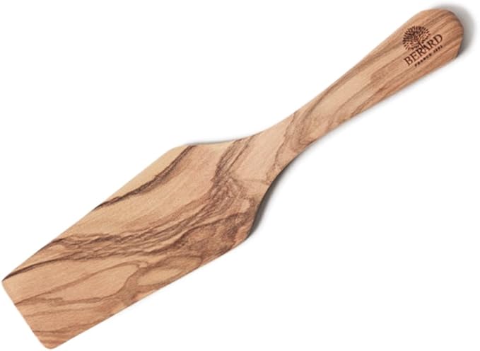 Berard Olivewood Spatula, 10-inch, featuring a logo, crafted from natural olive wood, ideal for versatile kitchen tasks like flipping and serving.
