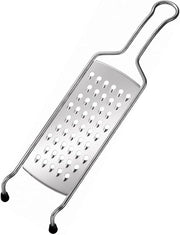 Rösle Coarse Grater with Wire Handle and Food Grip Hand Guard, ideal for grating firm vegetables, cheese, and chocolate; crafted from 18-10 stainless steel and silicone. Dishwasher safe.