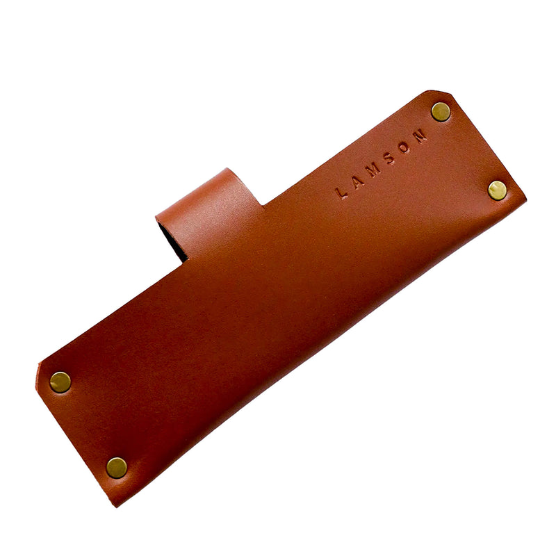 Leather sheath for Lamson 8 Chinese Santoku Cleavers, featuring a brown leather design with gold rivets, ideal for protecting your kitchen knives.
