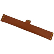 Lamson leather sheath for 14 pizza cutter/rocker, featuring a brown leather design with gold rivets and metal button closure.
