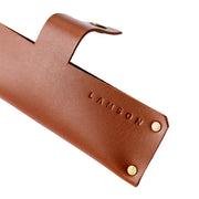 Lamson Leather Sheath for 7.25 Meat Cleaver, featuring brown leather with gold rivets, designed for secure everyday carry. Sold as a set, exclusive to Athens Cooks.