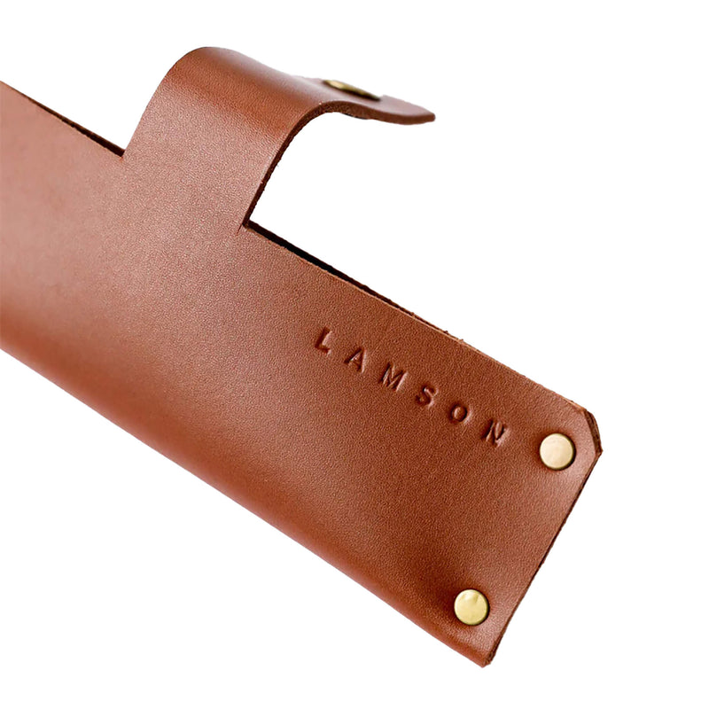 Lamson Leather Sheath for 7.25 Meat Cleaver, featuring brown leather with gold rivets, designed for secure everyday carry. Sold as a set, exclusive to Athens Cooks.