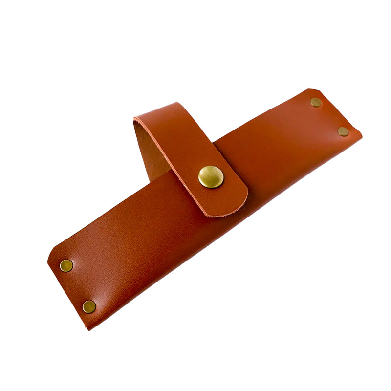 Lamson leather sheath for 7.25 meat cleaver, featuring gold rivets and a strap, designed for safe storage and transport.